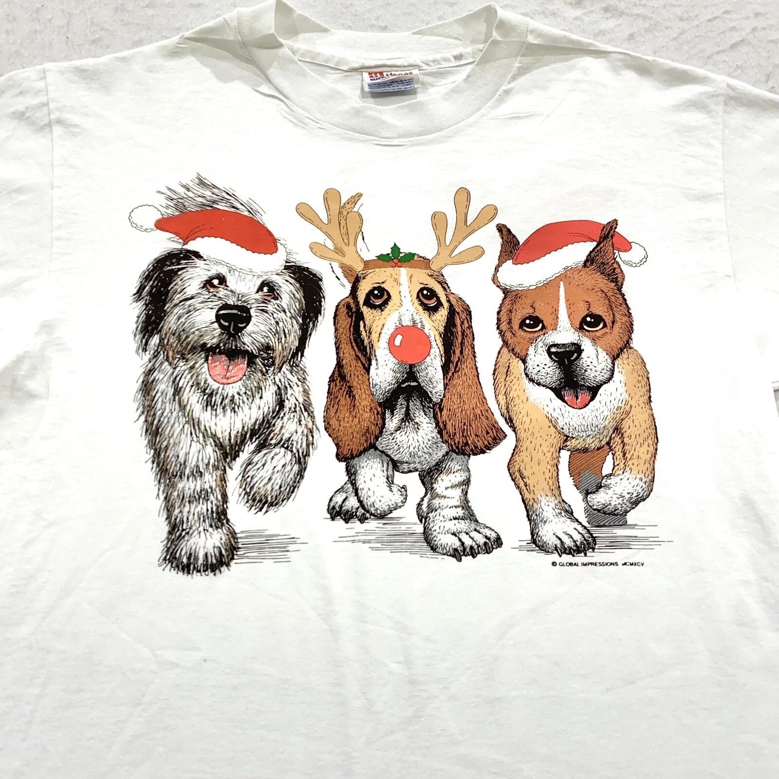 

vintage 90s CHRISTMAS DOGS DOUBLE-SIDED T-Shirt MEDIUM puppy cute soft M