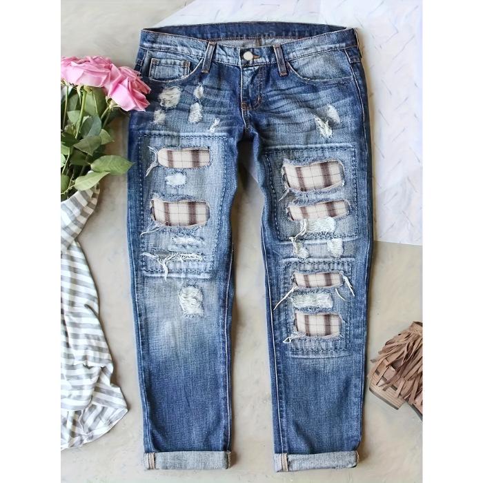 

Women s Personalized Patchwork Mid-Waist Straight Leg Jeans XL синий