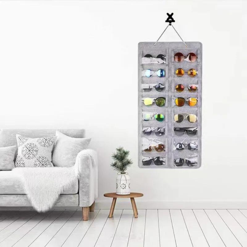 16-Compartment Felt Eyewear Stand, Suitable for Sunglasses, Display Rack, Hanging Pouch, Wall-Mounted Storage Pocket Organizer