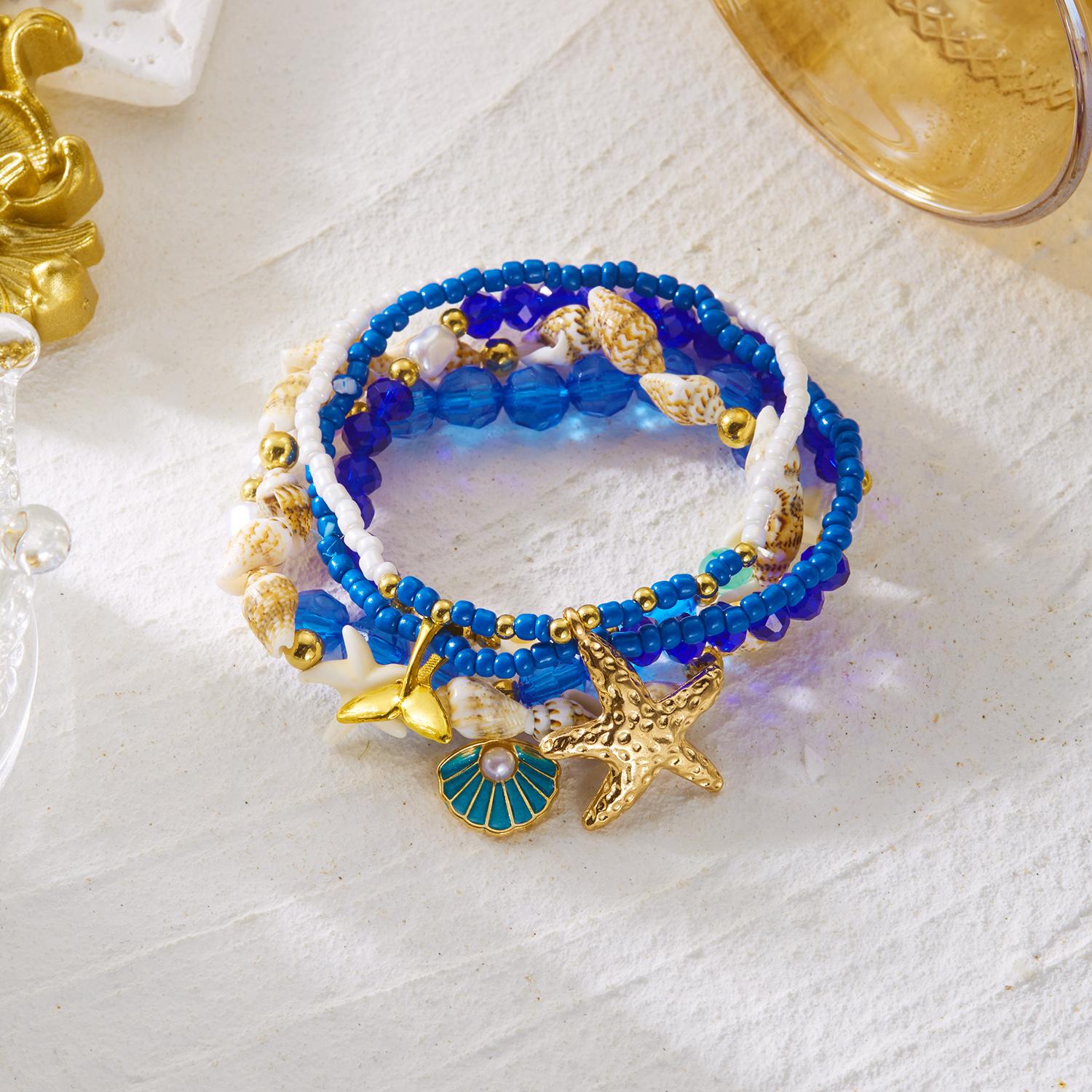 

5Pcs Boho Starfish Shell Layered Beaded Bracelet Set for Women Dainty Crystal Elastic Beacelets Beach Party Jewelry Gift