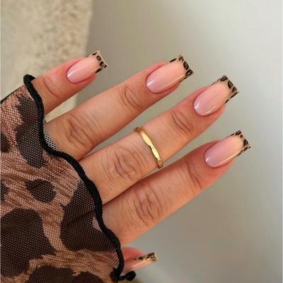 24 Pcs French Tip Press On Nail Short Square False Nail Leopard Print Acrylic Nail Glossy Full Cover Stick On Nail