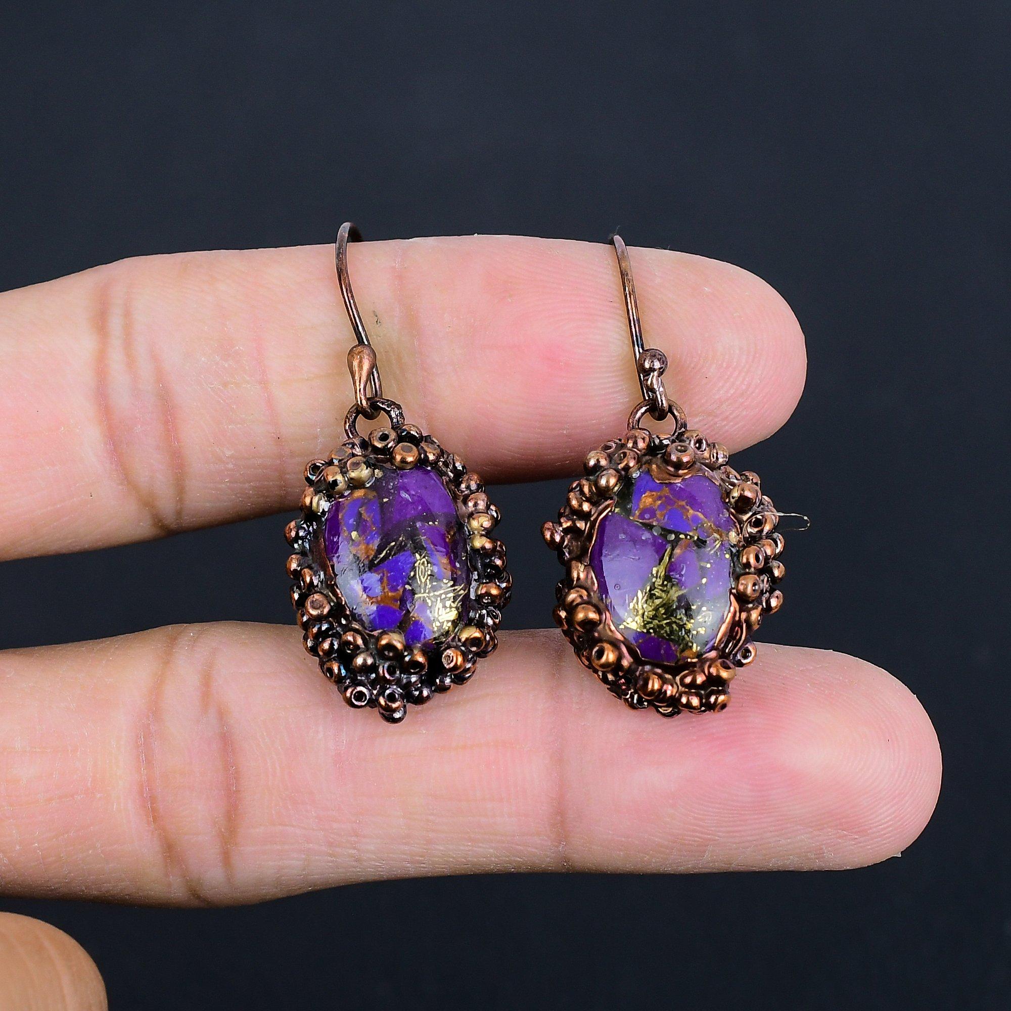 

Purple Copper Turquoise Earrings, Copper Electroformed Jewelry, Gemstone Earrings, Gift For Her Handmade Dainty Jewelry 2.55 Inches