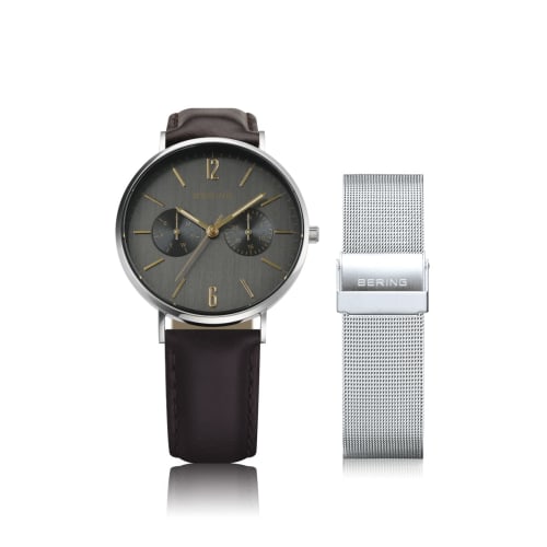 BERING Men's & Women's (Unisex) Watch, Japan Exclusive, Brown Calf Leather & Silver Stainless Steel with Mesh Strap, Sapphire Crystal, Changes 14236-0