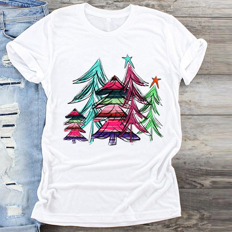 Fashion Cute Christmas Tree Graphics Women T-Shirts Summer Blouse Loose Short Sleeve Shirts O-Neck Tops Female Clothes
