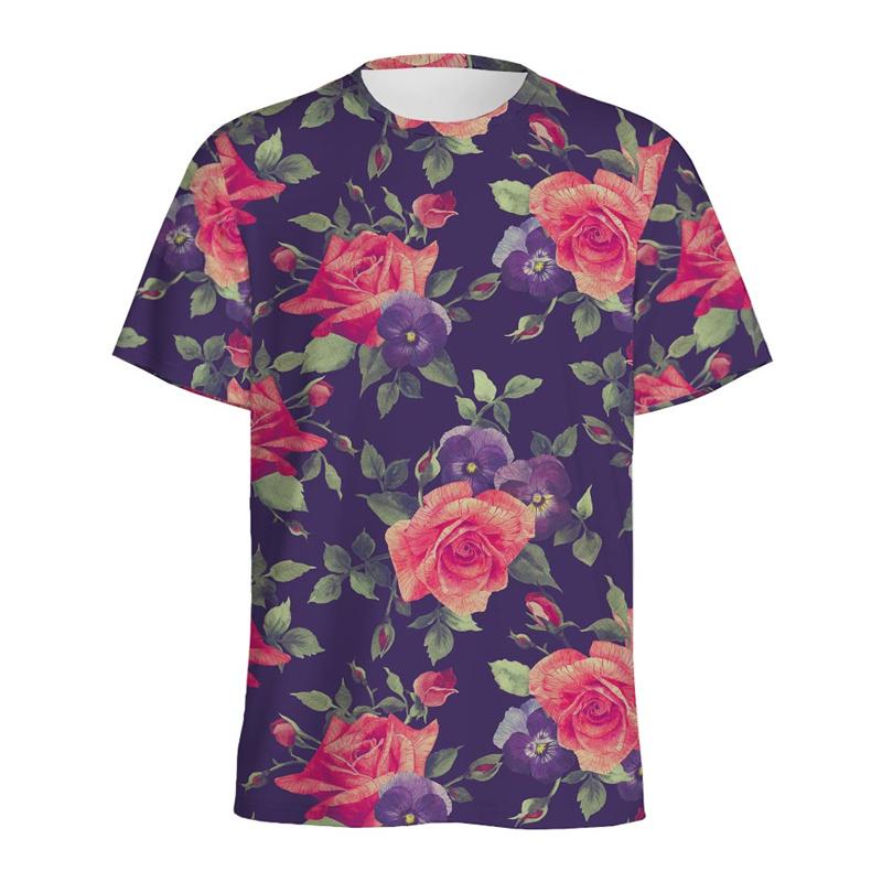 Summer Round Neck 3D Vintage Rose Flower Graphic Print Top Fashionable Casual Short Sleeved Men's T-shirts