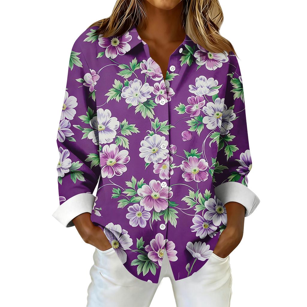 Women's Fashionable Casual Printed Long-Sleeved Button-Up Shirt
