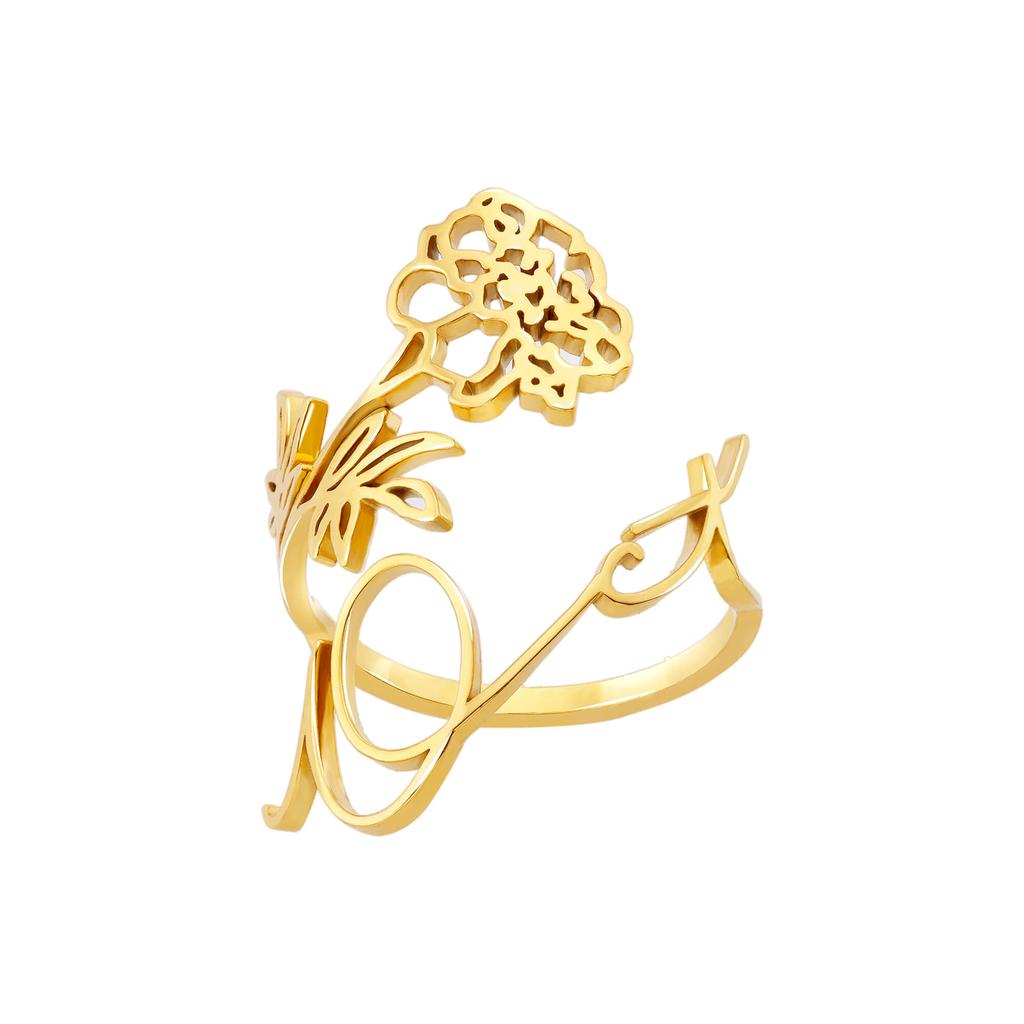 12 Birth Months Flower Stainless Steel Rings for Women Vintage Gold Plated Adjustable Finger Ring Wedding Jewelry Birthday Gift
