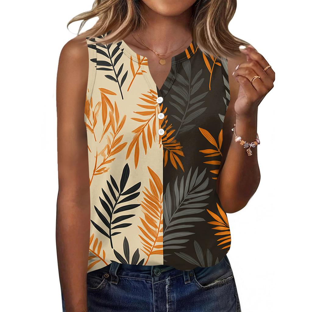 Women's Fashionable Casual Hawaiian Print Sleeveless Button Vest Top