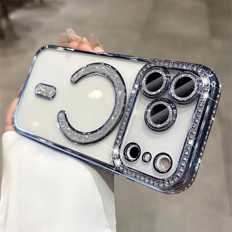 Diamond Glitter Plating Claer Phone Case For 17 Pro Max Air 14 15 Plus 11 12 13 16 Pro For Magsafe Magnetic Protect Cover