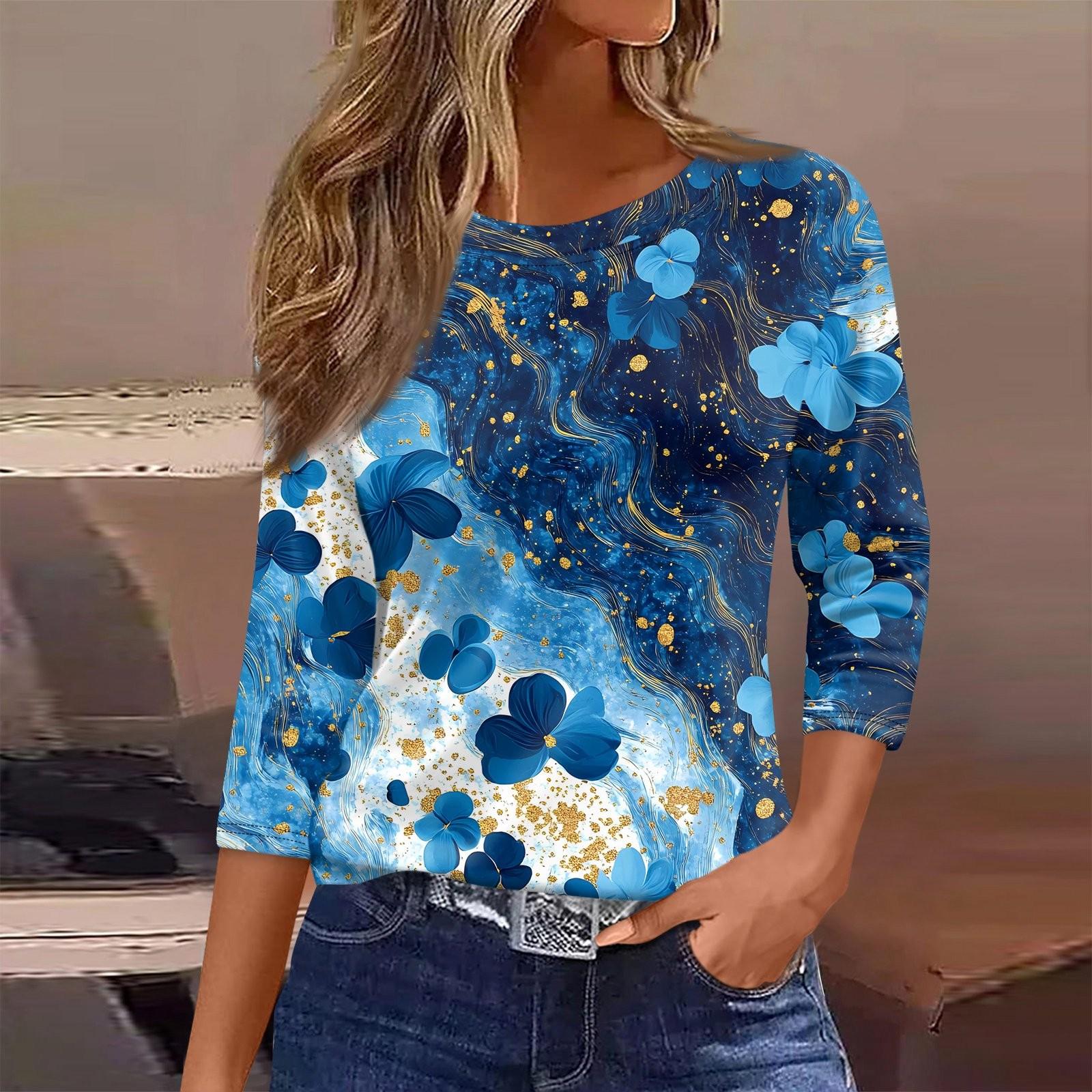 

Женская футболка с принтом, рукав 3/4, повседневная, модная, на выходные, базовая, с круглым вырезом, стандартный топ S синий