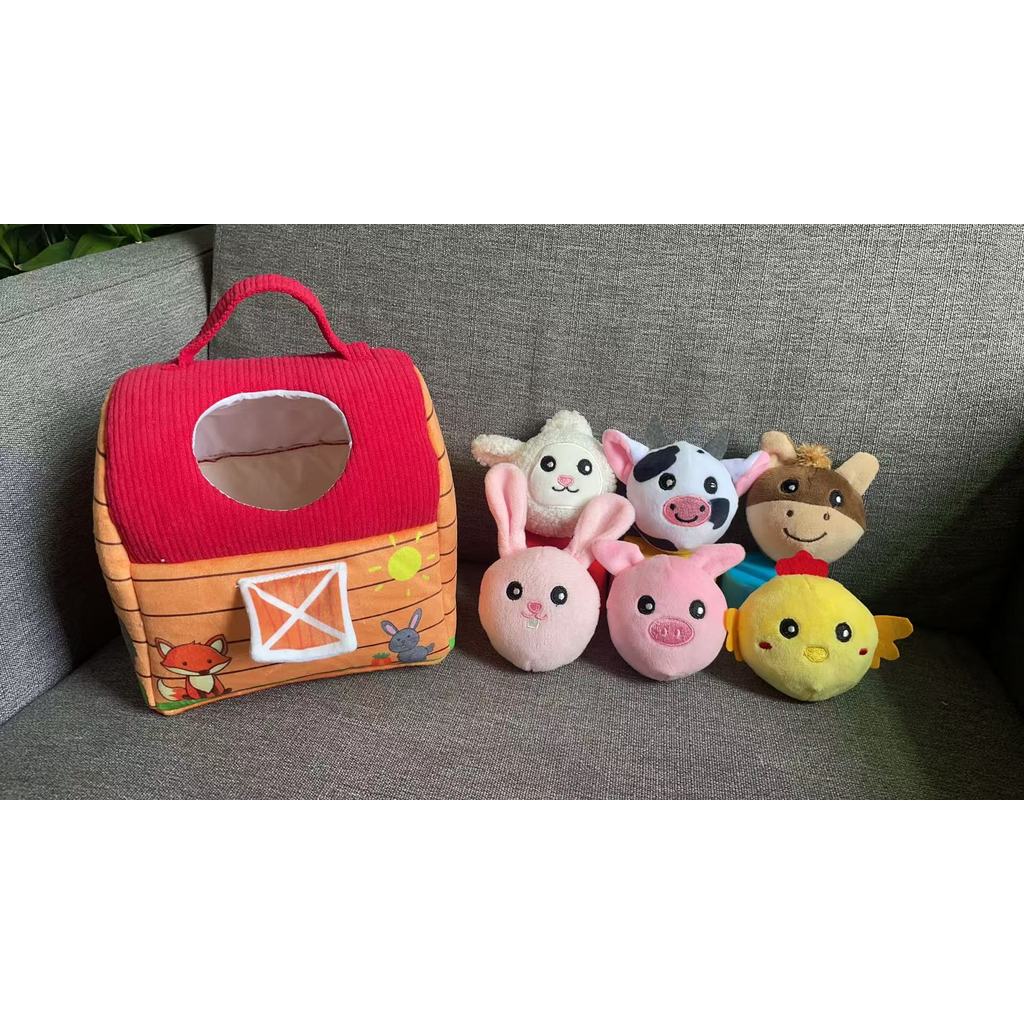 Farm Scene Mini House with 6pcs Animal Plush Toys Soft Stuffed Dolls & Mini Sandbag Plushies Cute Toy Set for Girls