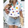 Women's Fashionable Vintage Short-Sleeve Casual Brown Shirt with Watercolor Polka Dot Pattern, Vibrant Color-Block Art Print