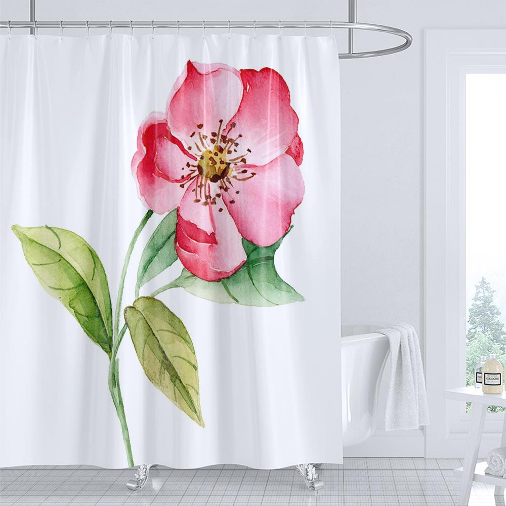 Floral Shower Curtain Watercolor Tulip Print Shower Curtain With Hooks, Waterproof Shower Curtain, Shower Curtains For Bathroom