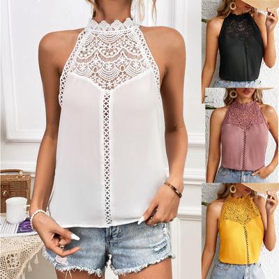 Sommer Neue Mode Aushöhlen Sexy Spitze Shirts Frauen Elegante Slim Fit Feste Beiläufige Bluse für Frauen Vintage Ärmellose Tops Stehen Weibliche hemd 26649