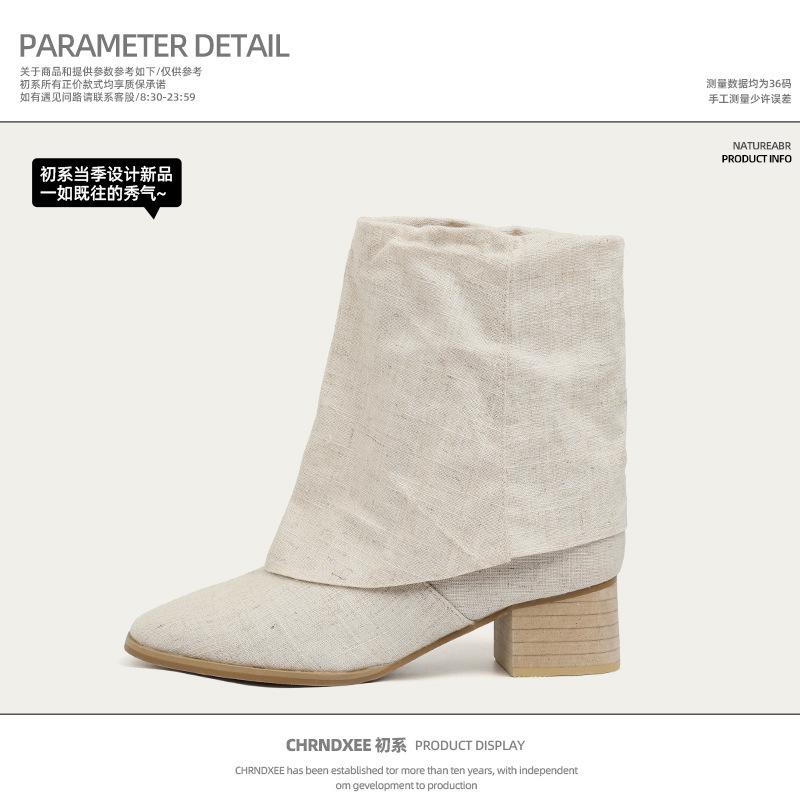 

Cowhide version~ 2025 new retro thick heel trouser tube boots women s versatile square head short boots medium heel linen medium tube single boots 40 абрикосовий