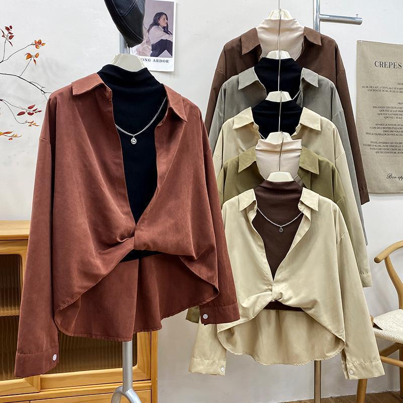 Женская оливково-зеленая оверсайз блузка с узлом спереди, длинный рукав, повседневная рубашка для многослойности S красный