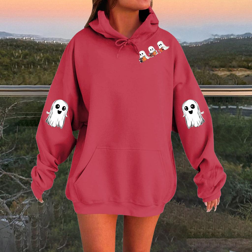 Women's Solid Color Long Sleeve Casual Halloween Print Pullover Hooded Sweatshirt