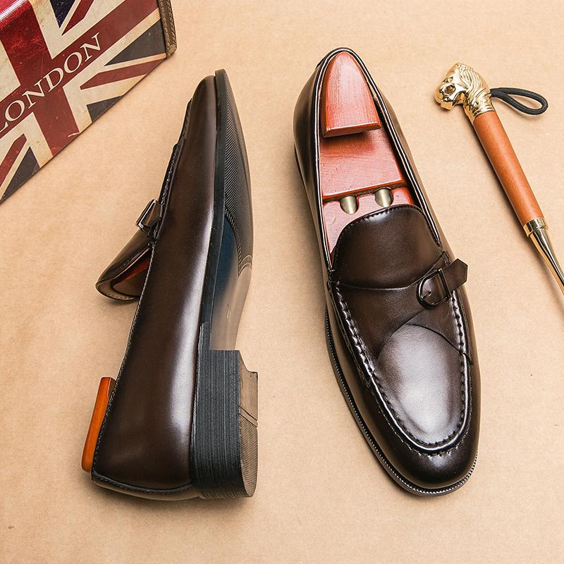 New Men Dress Shoes Loafers Brown Square Toe Slip-On Business Wedding Mens Shoes  Handmade