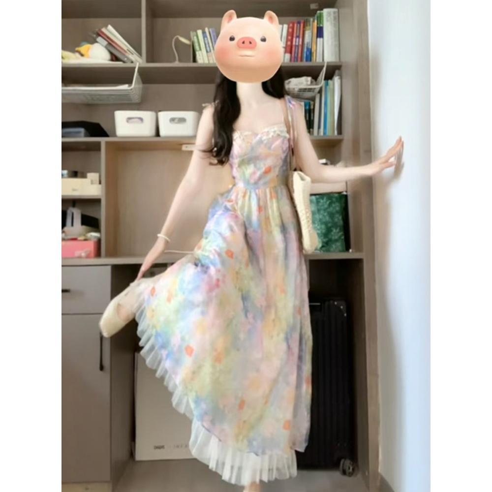 Color tie-dye floral suspender dress women's summer dopamine covering arms  seaside vacation temperament women's long dress