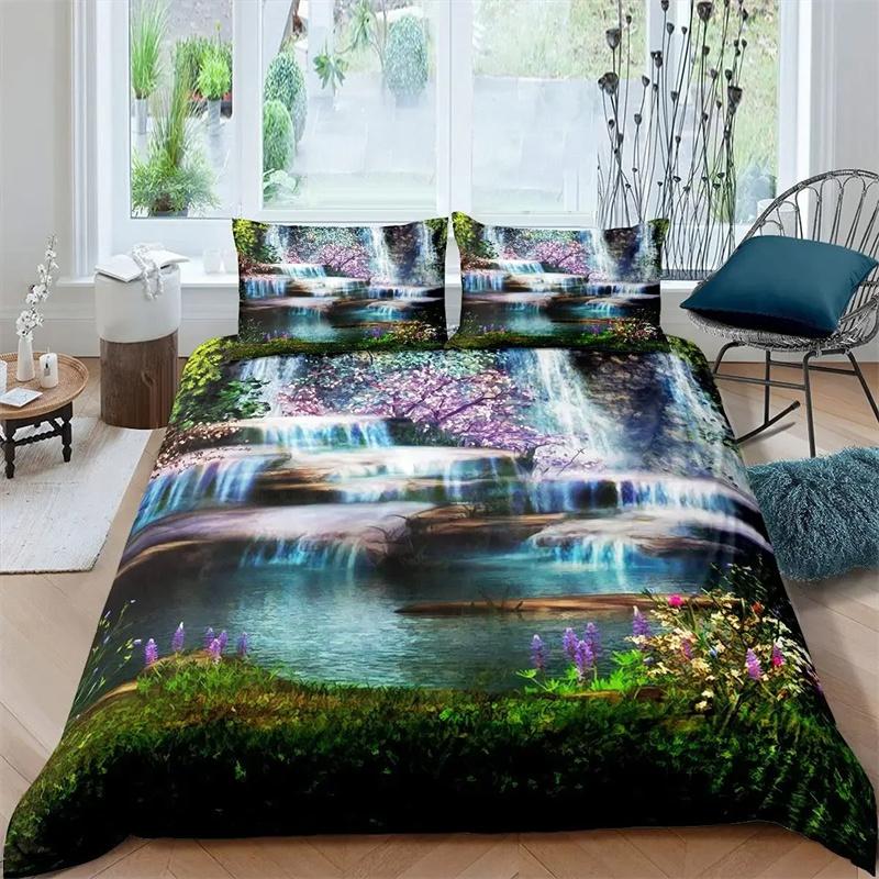 Waterfall Duvet Cover Set Natural Scenery Quilt Cover Pillowcase Landscape Forest Waterfall Queen Size Polyester Bedding Set