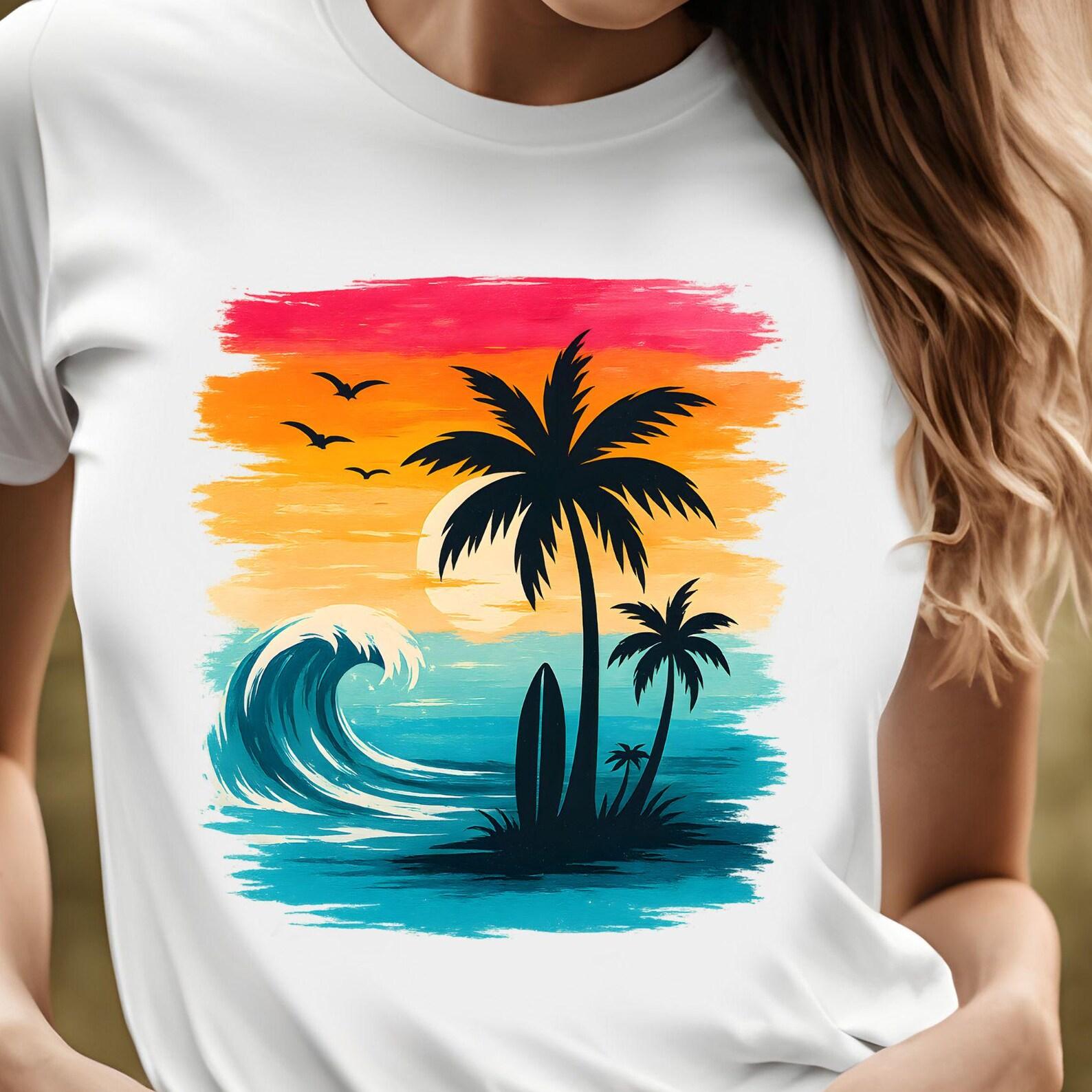 Tropical Sunset T-shirt, Summer Vibes Surfing Tee, Vacation Casual Wear Gift, 8 Colors XL