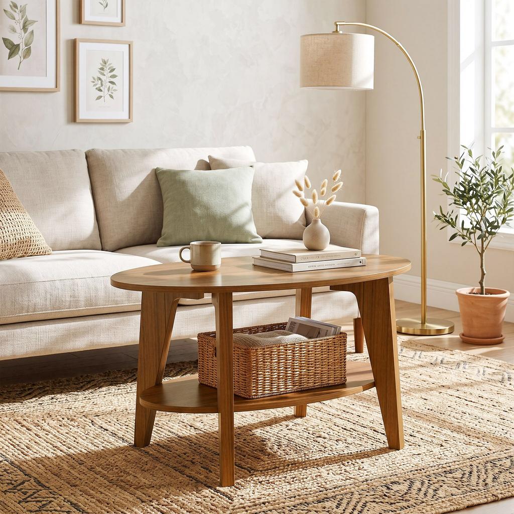 Oval 2-Tier Coffee Table, Modern Living Room Table with Open Lower Shelf, 80 x 50 x 45 cm, Oak