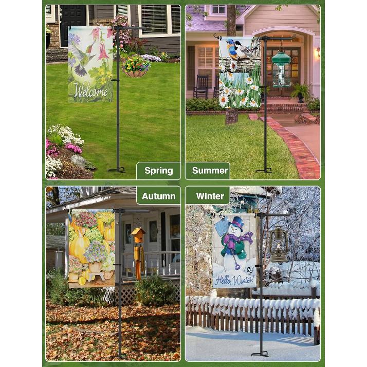 Garden Flag Holder Stand with Shepherds Hooks, 63 Inch Extra Thick Weather-Proof Powder-Coated Yard Flag Holder with 4 Prong Base, Heavy Duty 3/4