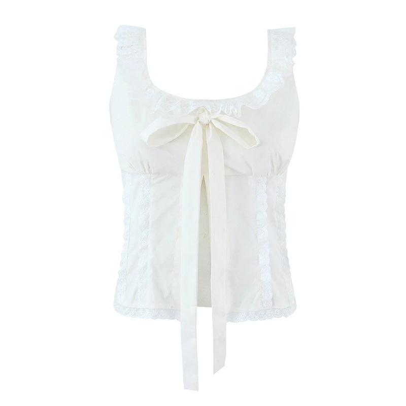 Women s Summer Lace Patchwork Bow Tie Cropped Tank – Slim Fit, Stylish Design Small белый