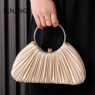 NEW Fashion Pleated Evening Bags for Women Apricot Big Ring Handbags Party Banquet Shoulder Bag Luxury Wedding Purse Pouch