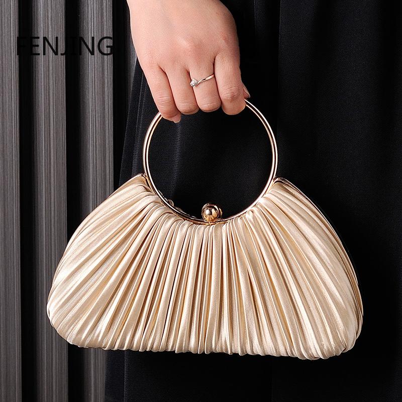 NEW Fashion Pleated Evening Bags for Women Apricot Big Ring Handbags Party Banquet Shoulder Bag Luxury Wedding Purse Pouch