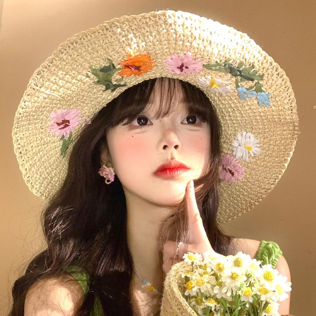 Flower straw bucket hat women's summer seaside beach vacation wind straw hat big brim sunshade sun hat