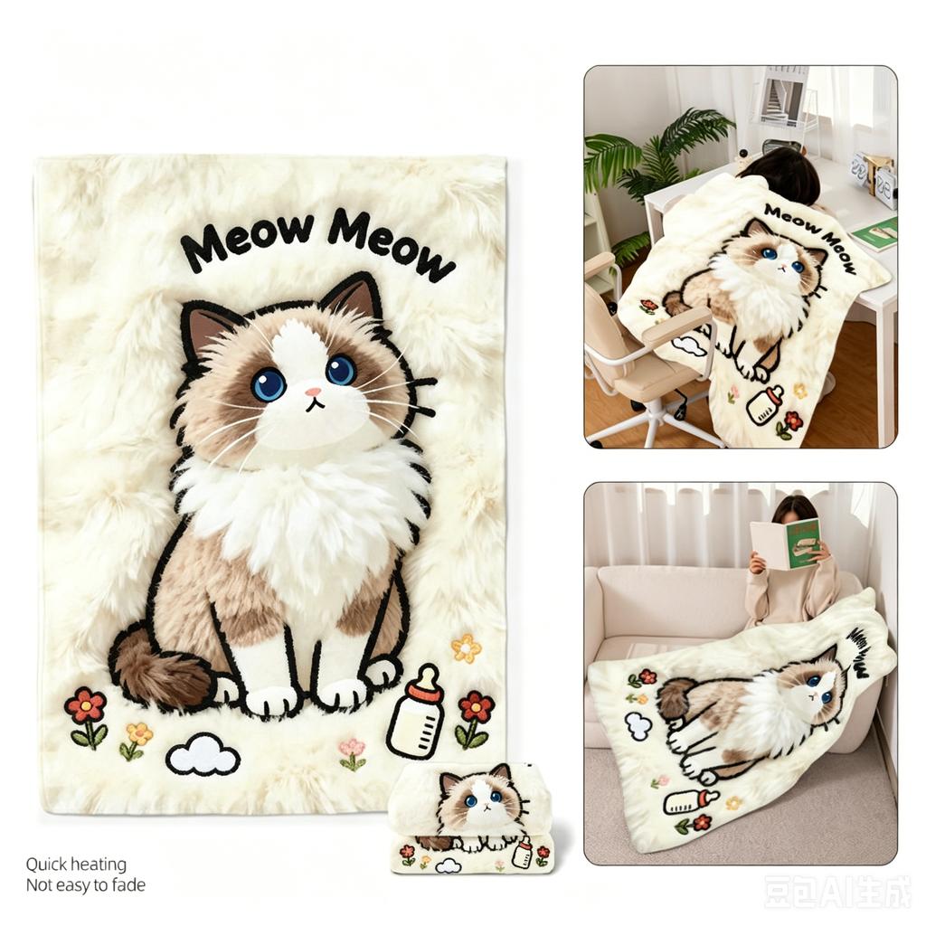 Cute 2D Cat Flannel Blanket, Soft Fuzzy Kawaii Kitten Throw Blanket, Cartoon Shark Hat Ragdoll Cat Nap Blanket for Sofa Office B