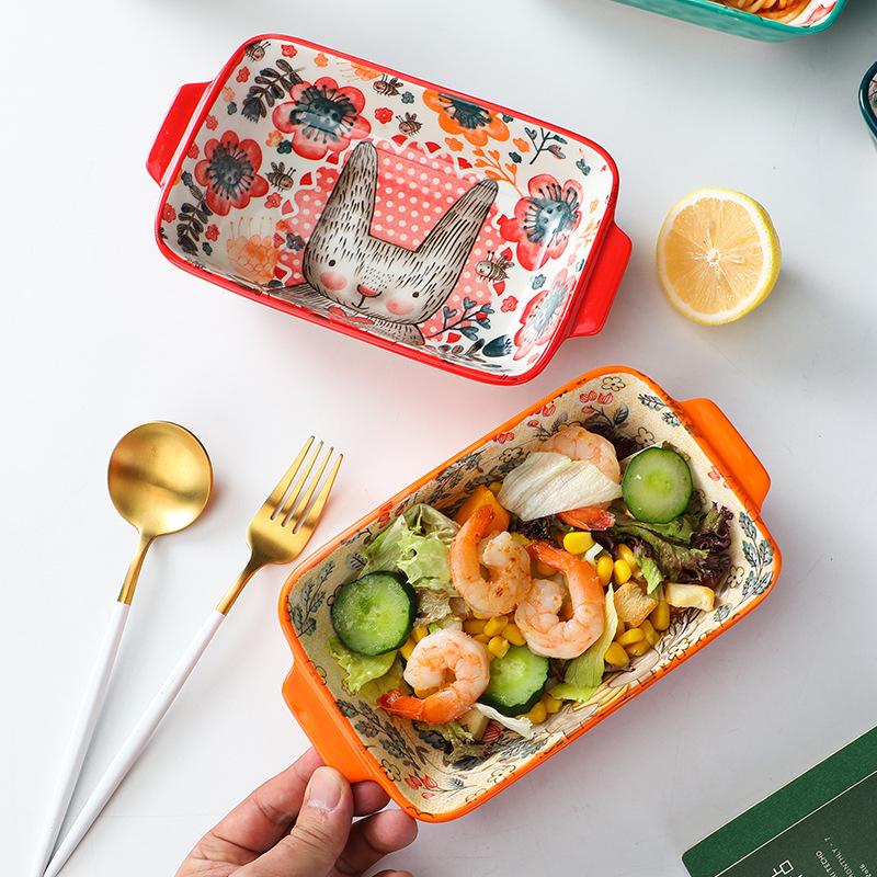 Creative Cute Cartoon Ceramic Double Ear Baking Plate Restaurant Home Microwave Cheese Baked Rice Plate Vegetable Plate Western