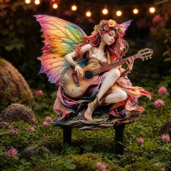 Yousheng Guitarist Fairy Garden Stake, 2D Acrylic Fairy Tale Yard Art Stake, Waterproof Flower Fairy Playing The Guitar Outdoor Decoration for Lawn