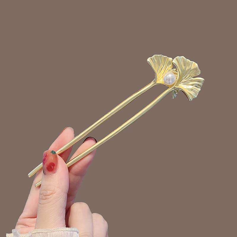 Fashion Metal Ginkgo Leaf Hair Stick For Women Elegant U Shape Simulated Pearl Tassels Hairpin Headwear Hair Accessories