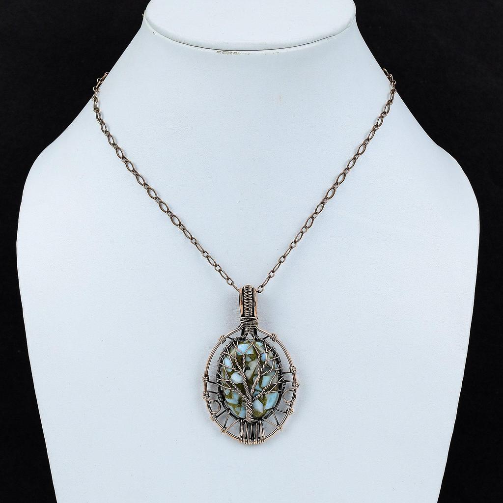 Tree Of Life Copper Larimar Pendant Copper Wire Wrapped Jewelry Handmade Pendant High Quality Gemstone Jewelry Copper Wire Wrapped Pendants