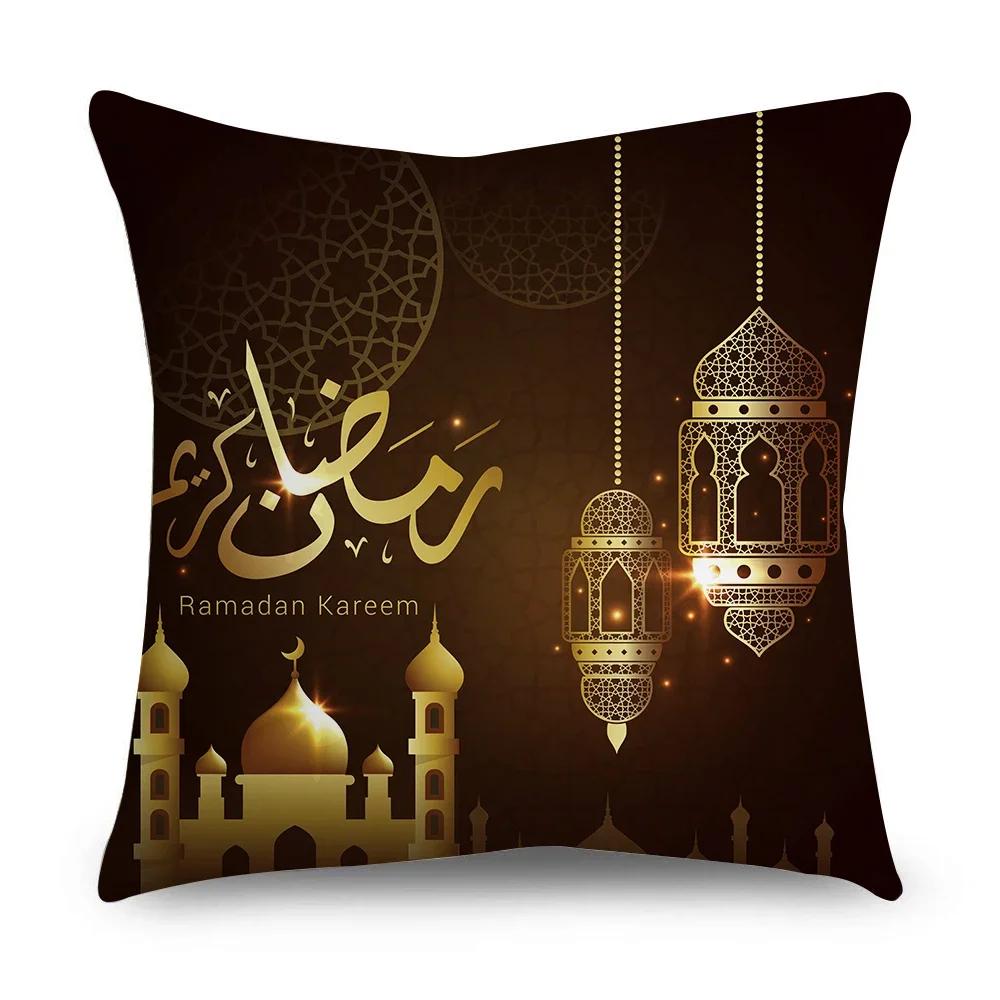 Ramadan Cushion Cover Islamic Eid Mubarak Black Gold Pillow Covers Home Decor Sofa Decorative Short Velvet Pillowcase 45cm*45cm