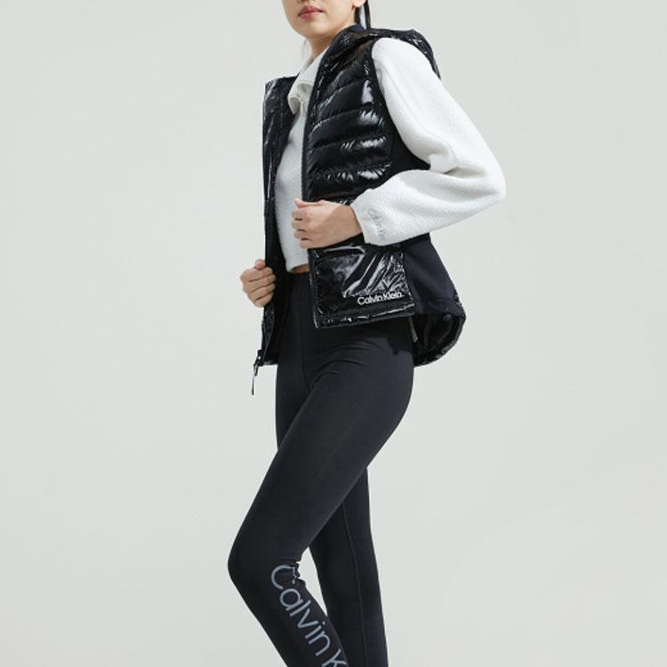 Calvin Klein Solid Color Glossy Hooded Trimmed Embroidered Quilted Slim Fit Vest Down Jacket Women Outerwear Space-Black 4WF3O507-001