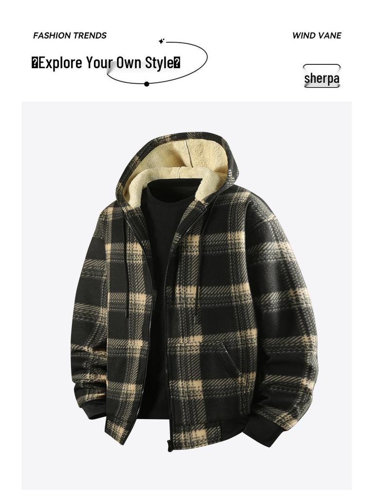 Europäischer Herren Herbst-Winter Gestreifter Karomuster Samt Hoodie Strickjacke - Verdickt Mode Lässig Sportbekleidung