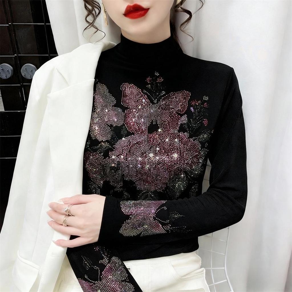 De Rong Women's Autumn/Winter Semi-High Neck Long-Sleeve Rhinestone T-Shirt