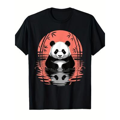 Europäische Größen Herren- & Damen-Retro Panda Bär Grafik T-Shirt, Lässige Streetwear Rundhals Kurzarm T-Shirt mit Rotem Sonnenuntergang Panda & Rayon Design
