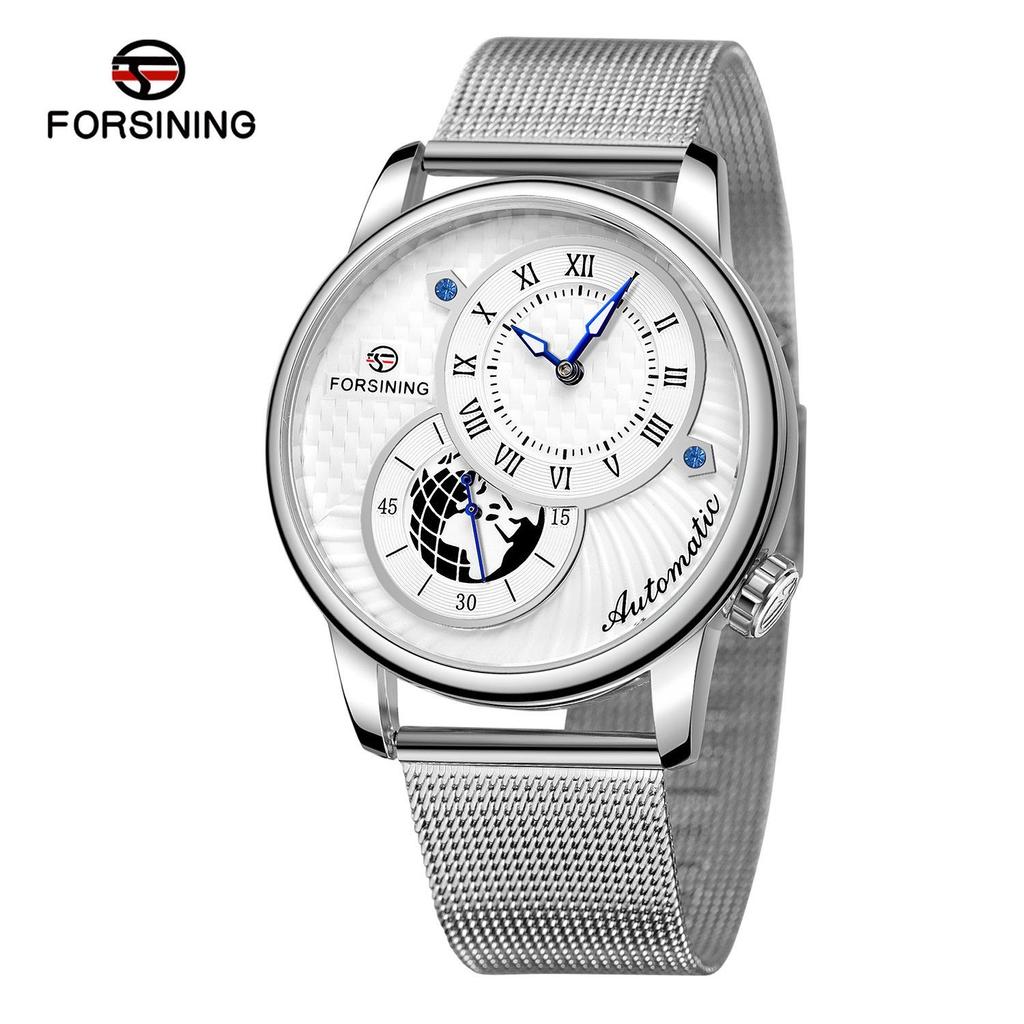 FORSINING Automatic Mechanical Wristwatch Military Sport Male Clock Luxury Golden Case Creative Dial Men Stainless Steel Mesh Strap Watch
