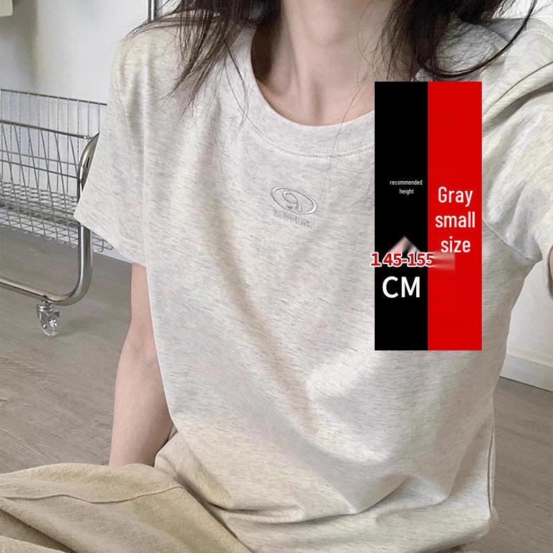 Women's American-Style Gray Embroidered Short-Sleeve T-Shirt, Summer 2025, Small Size, Loose Fit, Casual Straight-Shoulder Top