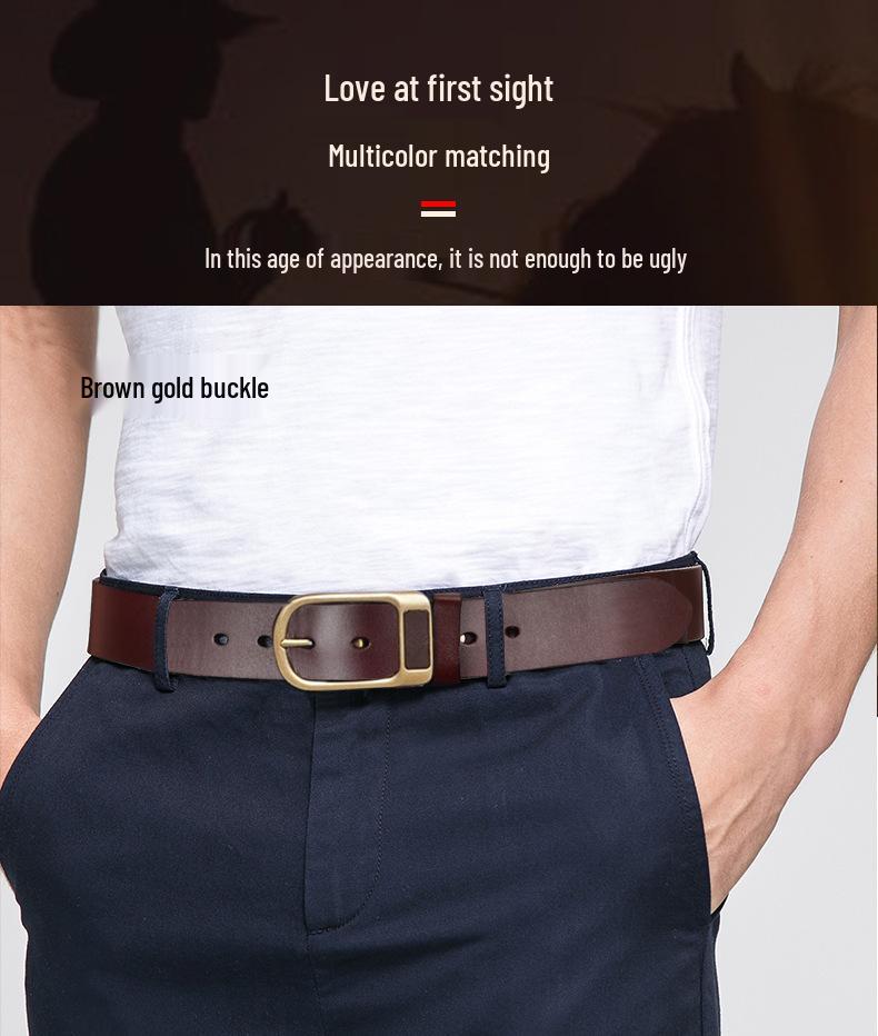 Men's Retro Genuine Leather Belt - Pin Buckle Cowhide Waist Belt for Business and Casual Wear, Suitable for Middle-Aged and Young Men.