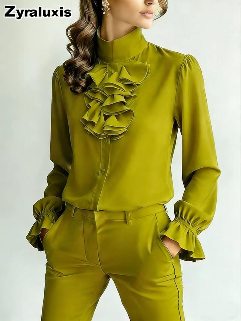 New Style Chic Casual Loose Collar Solid Color Ruffled Shirt for Women