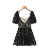 European and American style French retro sexy hottie black lace bow waist thin square neck dress short skirt women