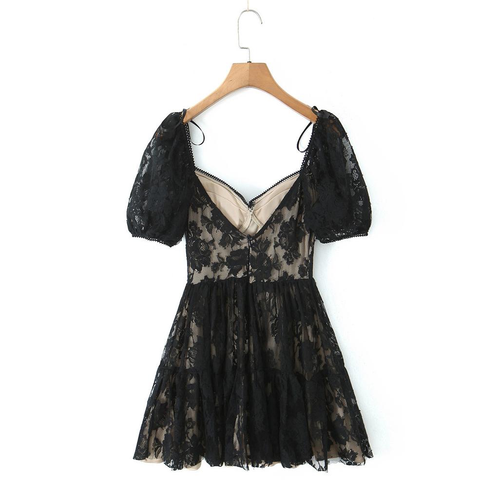 European and American style French retro sexy hottie black lace bow waist thin square neck dress short skirt women