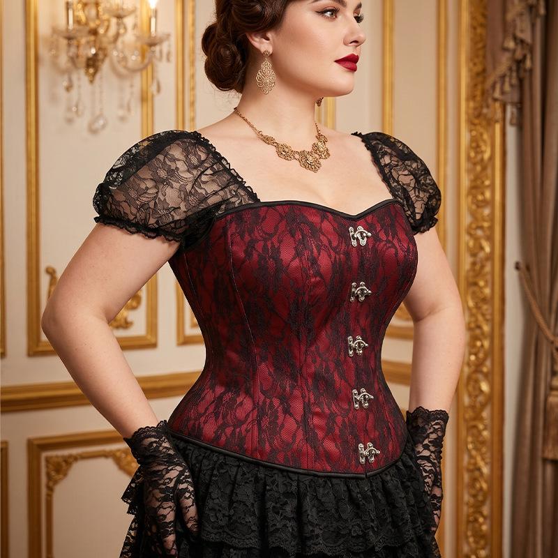 Wine Red Lace Plus Size Short Sleeve Corset Bodysuit - Retro Court Shapewear Waist Cincher.