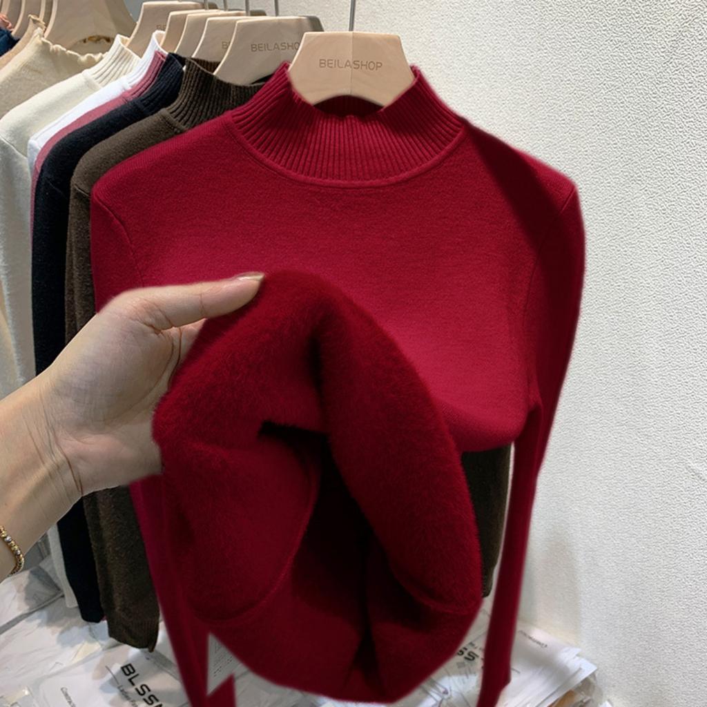 One Piece Velvet High Neck Sweater with Thickened Velvet for Women, Autumn and Winter New Warm Long Sleeved Base Sweater