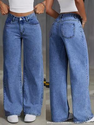 Dames Hoge Taille Rechte Pijp Jeans Casual Losse Pasvorm Wijde Pijp Denim Broeken Vloerlengte Broeken met Zakken en Riemlussen